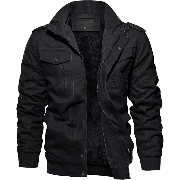 Men's Black Winter Cargo Fleece Sherpa Lined Casual Windproof Bomber Jacket - Picture 1 of 6